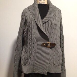 Ralph Lauren Black Label Gray Cable Knit Sweater with Buckle SIZE XL